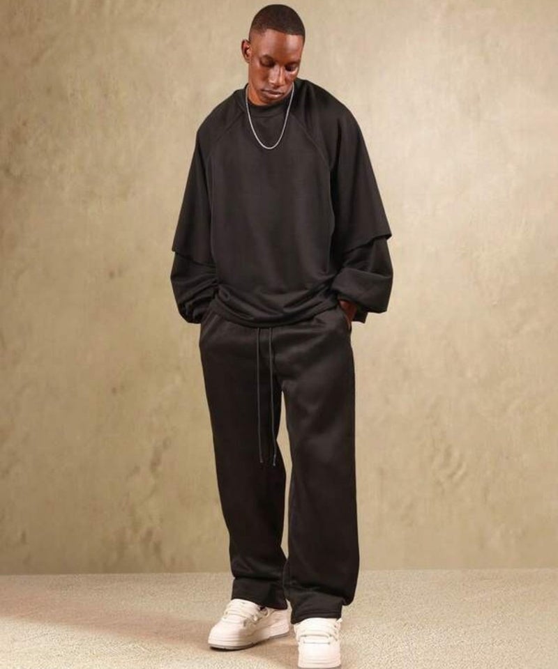FLYNOFF Heavyweight Solid Black Relaxed Fit Sweatpants with Drawstring Closure and Tapered Legs - Image 4
